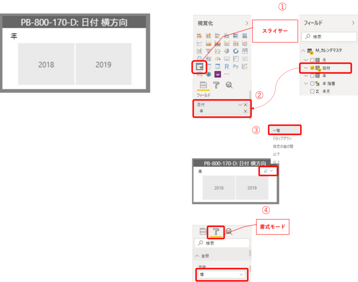 Power BIで日付 横方向を作成する手順