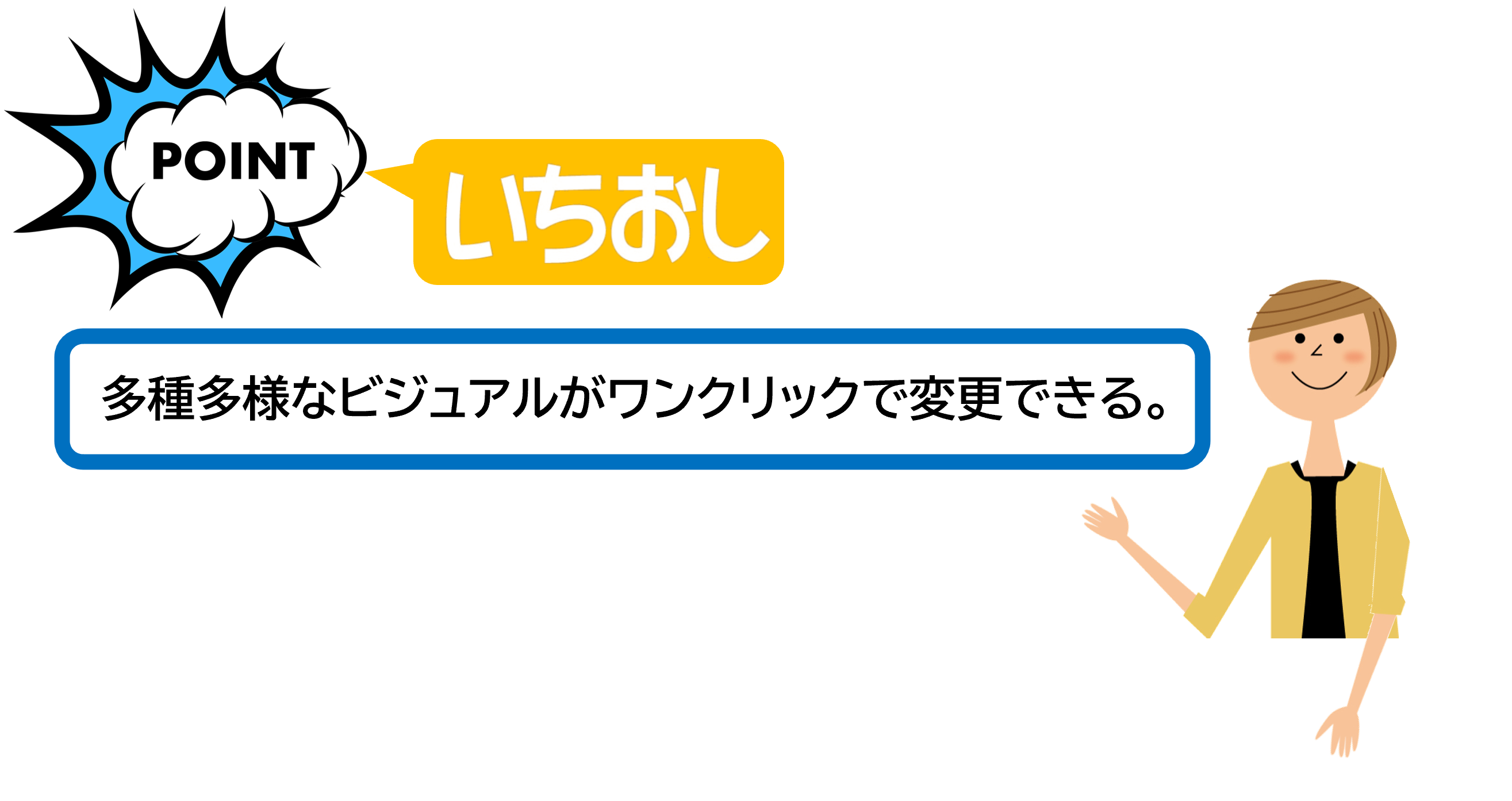 多種多様なビジュアルがワンクリックで変更できる。