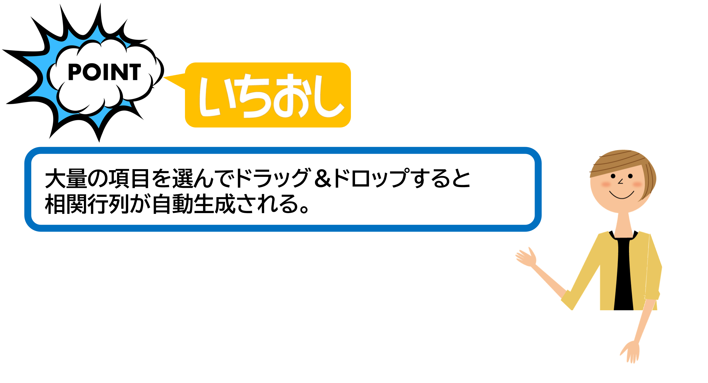 大量の項目を選んでドラッグ＆ドロップすると相関行列が自動生成される。